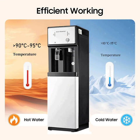 Hospital Grade Freestanding Water Dispenser With Hot Cold And Room Temp Settings Direct Plumbing Hookup For Automatic Refill Zero Plastic Baggage Spotless Clinic Hygiene Quick Setup Always Ready To Roll with hot and cold temperature display.