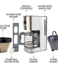 12 Cup Programmable Drip Coffee Maker with glass carafe, water level indicator, digital controls, and reusable filters