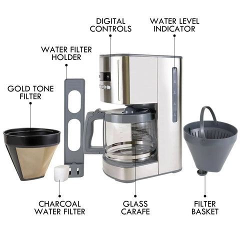 12 Cup Programmable Drip Coffee Maker with glass carafe, water level indicator, digital controls, and reusable filters
