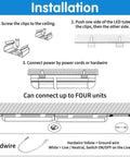 Installation diagram for 4Ft LED Shop Light 50W 6500K Daylight, 7000 Lumens Linkable V-Shape Design showing wiring and mounting.