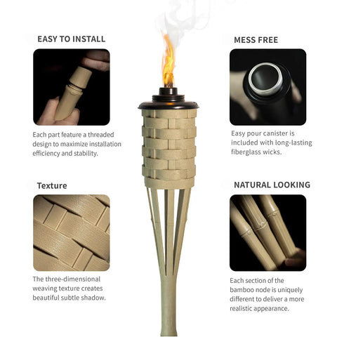 Bamboo Tiki Torches Outdoor Citronella Torches Weathered Color 4 Pack with labeled features like easy installation and mess-free canister.