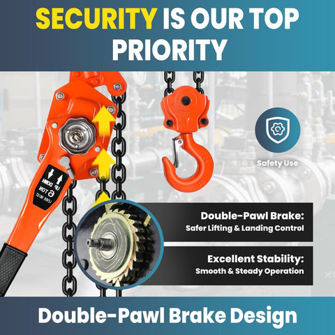 Heavy Duty Manual Chain Winch Lever Hoist 13200 Lbs with double-pawl brake design and safety features