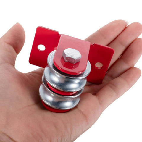 Heavy Duty Beefy Double Pulley Hoist System With 65 Feet Nylon Rope Ball Bearing Steel Pulleys Smooth Quiet Lift Perfect For Rope Cable And Wire Guidance Wall Or Ceiling Mount DIY Home Projects And Garage Setups, red steel double pulley in hand