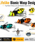 Bionic Wasp Topwater Lure for Freshwater and Saltwater, Floating Hard Bait With Carbon Steel Treble Hooks No 12, Realistic Wasp Design