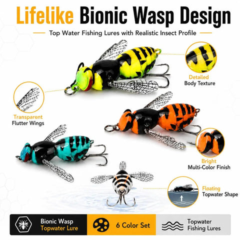 Bionic Wasp Topwater Lure for Freshwater and Saltwater, Floating Hard Bait With Carbon Steel Treble Hooks No 12, Realistic Wasp Design