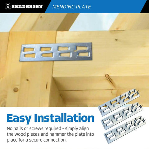 Built Tough Hot Dipped Galvanized Steel Mending Plates For Wood Deck Repair And Framing Reinforcement 1 Inch By 4 Inches installed on wood beams.