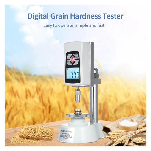 Straight Up Accurate Mini Grain Hardness Tester Meter With Crisp Digital Screen For Farm Fresh Seed Checks Quick Load Testing On Paddy Rice And Cereal Up To Twenty Kg No Fuss Portable Gauge For Down To Earth Precision on wooden table with grains in background