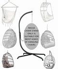 Heavy Duty Hanging Egg Chair Stand For Patio With C Stand Chain And Hook No Fuss Easy Setup 360 Degree Rotation 440 Lb Capacity Powder Coated Alloy Steel Frame Sturdy X Base Pins And Springs Included with multiple hanging chair options in the background.