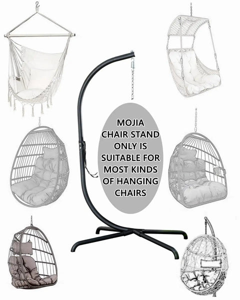Heavy Duty Hanging Egg Chair Stand For Patio With C Stand Chain And Hook No Fuss Easy Setup 360 Degree Rotation 440 Lb Capacity Powder Coated Alloy Steel Frame Sturdy X Base Pins And Springs Included with multiple hanging chair options in the background.