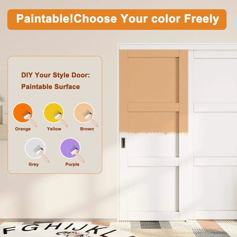 White Paintable MDF Double Five Panel Closet Sliding Doors with Hardware Kit, showing customizable color options, installed view.