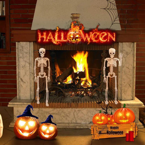 Indoor Halloween Skeletons Two Pack 15 Inch Life Size Full Body Posable Joints Skeleton Figures For Spooky Home Decor Realistic Resin Bone Color Dress Up Ready For Parties And Year Round Halloween Vibe standing near a fireplace.
