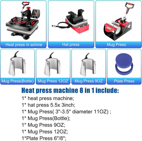 Akeydiy Pro 8 In 1 Heat Press Machine Sublimation System 12 By 15 Inch with various attachments for custom apparel crafting.