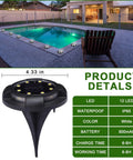 Outdoor Solar Ground Lights 12 LED Disk Lights Solar Powered Waterproof by a pool at night showing size and details