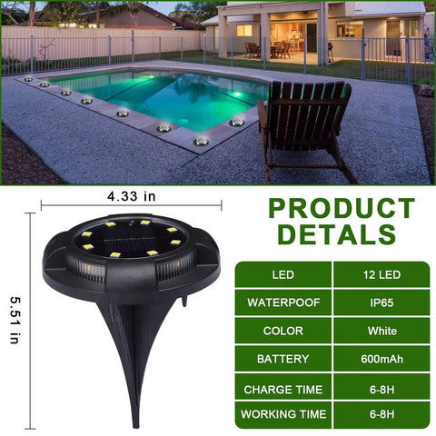 Outdoor Solar Ground Lights 12 LED Disk Lights Solar Powered Waterproof by a pool at night showing size and details