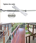Cable Railing Hardware Kit For 1 Eighth Inch Stainless Steel Cables, Adjustable 0 To 180 Degree Angles, installed on wood deck