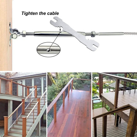Cable Railing Hardware Kit For 1 Eighth Inch Stainless Steel Cables, Adjustable 0 To 180 Degree Angles, installed on wood deck