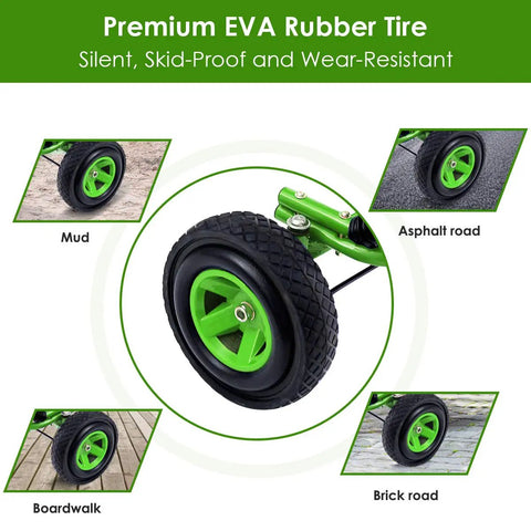 Close-up of green EVA rubber tire on Kids Off Road Pedal Go Kart With Adjustable Seat Dual Safety Brakes EVA Rubber Tires