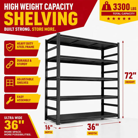 Heavy Duty Metal Garage Shelving Units With Side Guard 660 Lbs Per Shelf 3300 Lbs Total Capacity Rugged Boss Grade Tool Storage Racks For Garage Or Workshop, 36x16x72-inch steel unit