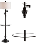 60 Inch Oil Rubbed Bronze Floor Lamp With Integrated Glass Side Table Sleek Swing Arm Design For Living Room White Linen Shade LED Bulb Included Energy Saving