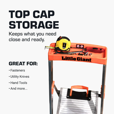 Flip N Lite 6 Foot Aluminum Stepladder With Full Size Standing Platform And Easy Release Handle For Quick Setup No Pinching And Lightweight Home And Job Site Ladder For Reaching High Areas, top cap storage
