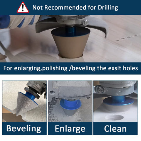 3 Pcs 2 Inch Diamond Beveling Chamfer Bits With 5/8-11 Thread Adapter enlarging holes in tile, front and side view shown.