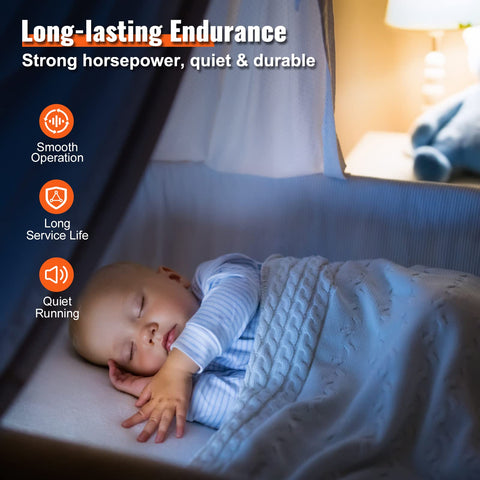 Baby sleeping peacefully under blanket with text overlay highlighting smooth operation, long service life, and quiet running.
