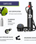 Diagram of Mini Scuba Tank 1L For Short Dives, 10-20 Minute Air Tank With Aluminum Cylinder And Valves, DOT Certified Scuba Air Tank