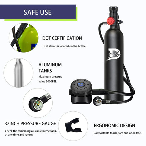 Diagram of Mini Scuba Tank 1L For Short Dives, 10-20 Minute Air Tank With Aluminum Cylinder And Valves, DOT Certified Scuba Air Tank