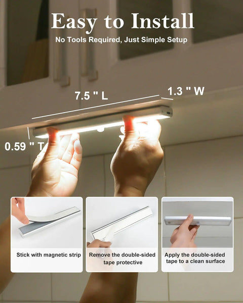 Hands installing Rechargeable Wireless Under Cabinet Lights With Remote Control, 48 LED Bright White And RGB, dimmable.