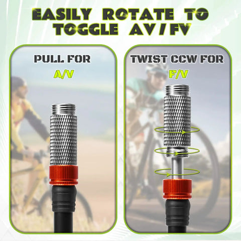 Bike Shock Pump With Digital Gauge, 320 PSI, Leak Proof Presta Valve, showing AV/FV valve toggle rotation mechanism in detail.