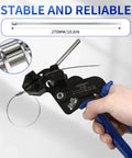 Heavy Duty Stainless Steel Cable Tie Gun Kit With 100 Self Locking Zip Ties in hand, showing adjustable cutter function.