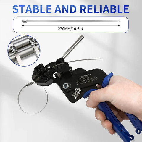 Heavy Duty Stainless Steel Cable Tie Gun Kit With 100 Self Locking Zip Ties in hand, showing adjustable cutter function.