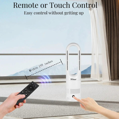 All Season Bladeless Space Heater And Tower Fan Combo With Remote showing control range in modern room
