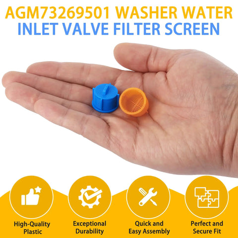 4-Pack Washer Water Filter Screen Set With Two Hot Orange And Two Cold Blue Screens Replacement Inlet Valve Filters held in hand