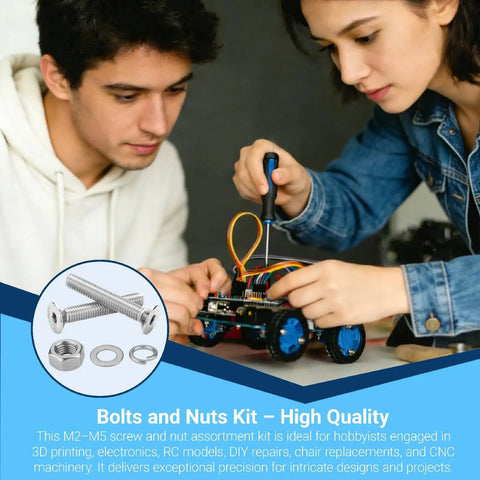 Two people working on a DIY project using Beefy All In One Metric Machine Screw Kit with visible M2-M5 screws and electronics.