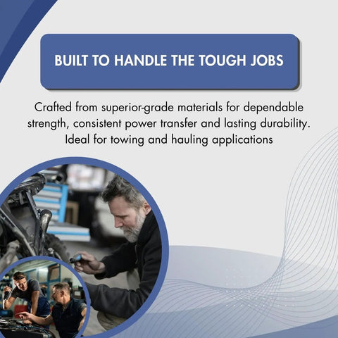 Image showcasing heavy-duty materials for towing, with mechanics working on vehicle drivetrain systems.