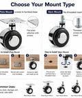 Image showing installation guide for Four Pack Alloy Heavy-Duty Swivel Caster Wheels, 360 Degree Twin Wheel Casters With Plate Mount Or M8 Threaded Stem.