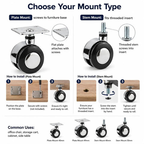 Image showing installation guide for Four Pack Alloy Heavy-Duty Swivel Caster Wheels, 360 Degree Twin Wheel Casters With Plate Mount Or M8 Threaded Stem.