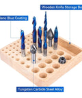 Eight Piece CNC Router Bit Set With One Quarter Inch Shank Carbide End Mills For Woodworking And Engraving V Groove Trimming Slotting Mortise Resin Lettering Sign Making Includes ER11 Collet And Storage Rack on wooden holder