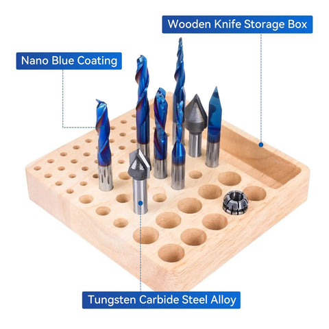 Eight Piece CNC Router Bit Set With One Quarter Inch Shank Carbide End Mills For Woodworking And Engraving V Groove Trimming Slotting Mortise Resin Lettering Sign Making Includes ER11 Collet And Storage Rack on wooden holder