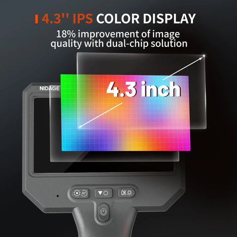 Triple Lens Borescope Pro Grade 1920P HD Endoscope with Light showing 4.3 inch IPS screen for improved image quality