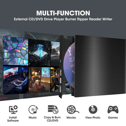 External CD DVD Drive Burner USB 3.0 Type C For Laptop And PC Plug And Play No Fuss Optical Drive Plays DVDs And CDs Burns Media Rips Audio And Video Time Tested Classic And Ultra Reliable For Travel, black slim external drive shown with disc open
