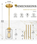 Dimensions of farmhouse gold pendant light over kitchen island with clear glass shade, 60W max, includes rods for adjustable hanging height.