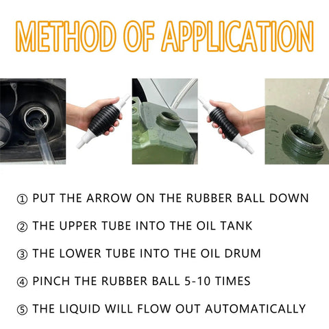 Instructions for using Siphon Hand Pump for Quick Fuel Transfer with photo of hand holding the pump and hose in action