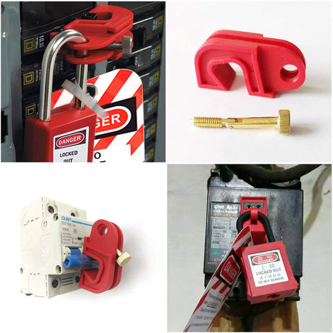 Twenty Pack Pro Grade Universal Circuit Breaker Lockout Devices For Single And Multi Pole Breakers, Easy Screwdriver Install, Padlockable Up To One Half Inch Shackle, Safe Lockout Kit For Industrial Electrical Panels featuring close-up of red lockout devices on various circuit breakers.
