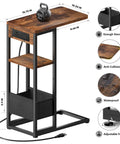 C Shaped End Table With Charging Station For Sofa And Living Room, 3 Layer Side Table With Storage Bag, USB Port And AC Outlet