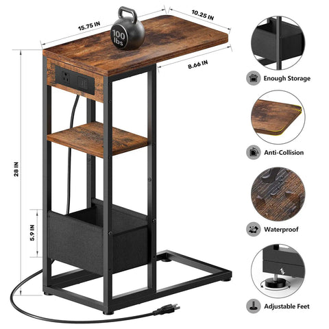 C Shaped End Table With Charging Station For Sofa And Living Room, 3 Layer Side Table With Storage Bag, USB Port And AC Outlet