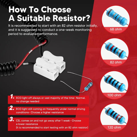 Guide on choosing resistors for Honda VCM Muzzler Harness Disable Kit Replacement For 3.5L V6 Engines with 68 to 120 ohm options.
