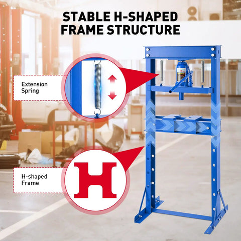 20 Ton Hydraulic Shop Press With H Frame For Auto Bending And Stamping Heavy Duty Adjustable Table And Press Plates Durable Car Workshop Tool In Blue Finish, showcasing its stable H-frame structure.