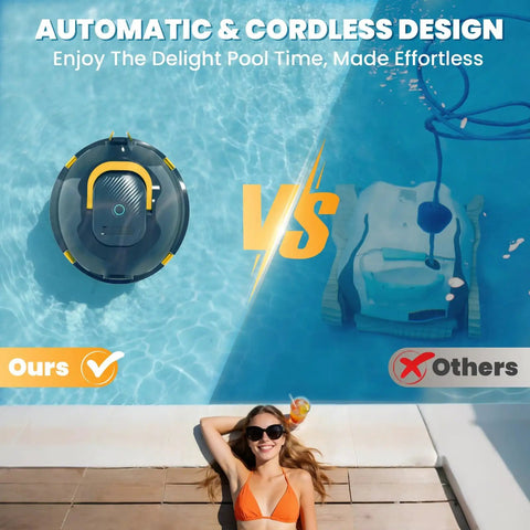 Top view of cordless robotic pool cleaner with dual motors for above ground and inground flat bottom pools, automatic design